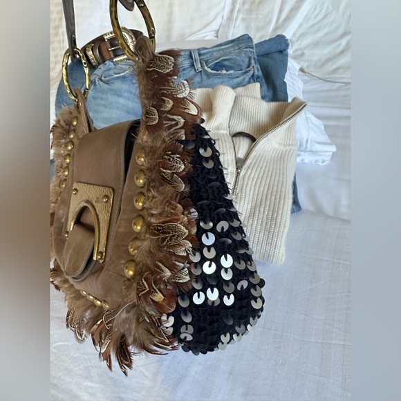 Vintage Diane Von FURSTENBERG DVF sequins, Feathers, Brass Bag - Picture 2 of 5